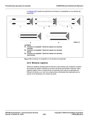 Procedimientos generales de ensamble 4100XPB Manual de Mantención Mecánica
P&H Mining Equipment – Comunicaciones técnicas Copyright © 2002 Harnischfeger Corporation
Sección 2, Versión 02 - 02/03 -2.56- 41XPB_MM_02.fm
La Figura 2-35 muestra los patrones de contacto no aceptables en los dientes del
engranaje.
2.8.4 Mantener registros
Todos los registros (anotaciones) de formas o documentos que contienen el patrón
de contacto se deben mantener en archivo de forma permanente. Además, estos
registros deben tener un seguimiento al ensamble de la caja de engranajes por
Número de Serie y a su vez, los componentes individuales del engranaje que se
usaron en el ensamble, por número de parte.
Figura 2-35: Contacto no aceptable en los dientes de engranaje
6 6
4 5
3
1
2
*
*
*
ES0623_01
LEYENDA
01. Contacto no aceptable - Diente de cabeza con ahusado
centrado
02. Contacto no aceptable - Diente de cabeza con ahusado
lateral
03. Contacto no aceptable - Diente de cabeza con ahusado
descentrado
 