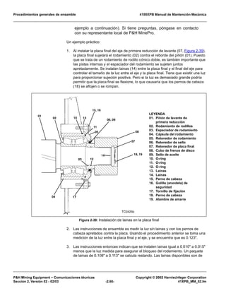 Procedimientos generales de ensamble 4100XPB Manual de Mantención Mecánica
P&H Mining Equipment – Comunicaciones técnicas Copyright © 2002 Harnischfeger Corporation
Sección 2, Versión 02 - 02/03 -2.66- 41XPB_MM_02.fm
ejemplo a continuación). Si tiene preguntas, póngase en contacto
con su representante local de P&H MinePro.
Un ejemplo práctico:
1. Al instalar la placa final del eje de primera reducción de levante (07, Figura 2-39),
la placa final sujetará el rodamiento (02) contra el reborde del piñón (01). Puesto
que se trata de un rodamiento de rodillo cónico doble, es también importante que
las pistas internas y el espaciador del rodamiento se sujeten juntos
apretadamente. Se instalan lainas (14) entre la placa final y el final del eje para
controlar el tamaño de la luz entre el eje y la placa final. Tiene que existir una luz
para proporcionar sujeción positiva. Pero si la luz es demasiado grande podría
permitir que la placa final se flexione, lo que causaría que los pernos de cabeza
(18) se aflojen o se rompan.
2. Las instrucciones de ensamble es medir la luz sin lainas y con los pernos de
cabeza apretados contra la placa. Usando el procedimiento anterior se toma una
medición de la luz entre la placa final y el eje, y se encuentra que es 0.123".
3. Las instrucciones entonces indican que se instalen lainas igual a 0.010" a 0.015"
menos que la luz medida para asegurar el bloqueo del rodamiento. Un paquete
de lainas de 0.108" a 0.113" se calcula restando. Las lainas disponibles son de
Figura 2-39: Instalación de lainas en la placa final
14
06, 09
1203
02 10
05
11
15, 16
04 17
13
01
07
08
18, 19
TC0425b
LEYENDA
01. Piñón de levante de
primera reducción
02. Rodamiento de rodillos
03. Espaciador de rodamiento
04. Cápsula del rodamiento
05. Retenedor de rodamiento
06. Retenedor de sello
07. Retenedor de placa final
08. Cubo de frenos de disco
09. Sello de aceite
10. O-ring
11. O-ring
12. O-ring
13. Lainas
14. Lainas
15. Perno de cabeza
16. Golilla (arandela) de
seguridad
17. Tornillo de fijación
18. Perno de cabeza
19. Alambre de amarre
 