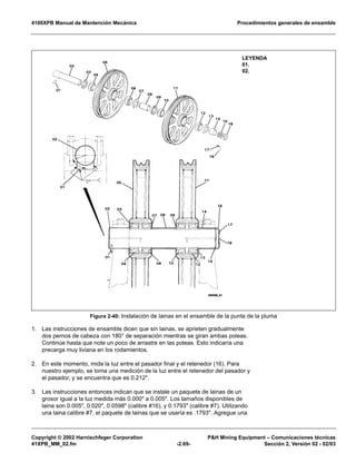 4100XPB Manual de Mantención Mecánica Procedimientos generales de ensamble
Copyright © 2002 Harnischfeger Corporation P&H Mining Equipment – Comunicaciones técnicas
41XPB_MM_02.fm -2.69- Sección 2, Versión 02 - 02/03
1. Las instrucciones de ensamble dicen que sin lainas, se aprieten gradualmente
dos pernos de cabeza con 180° de separación mientras se giran ambas poleas.
Continúe hasta que note un poco de arrastre en las poleas. Esto indicaría una
precarga muy liviana en los rodamientos.
2. En este momento, mida la luz entre el pasador final y el retenedor (16). Para
nuestro ejemplo, se toma una medición de la luz entre el retenedor del pasador y
el pasador, y se encuentra que es 0.212".
3. Las instrucciones entonces indican que se instale un paquete de lainas de un
grosor igual a la luz medida más 0.000" a 0.005". Los tamaños disponibles de
laina son 0.005", 0.020", 0.0598" (calibre #16), y 0.1793" (calibre #7). Utilizando
una laina calibre #7, el paquete de lainas que se usaría es .1793". Agregue una
Figura 2-40: Instalación de lainas en el ensamble de la punta de la pluma
LEYENDA
01.
02.
 