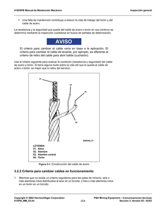 4100XPB Manual de Mantención Mecánica Inspección general
Copyright © 2002 Harnischfeger Corporation P&H Mining Equipment – Comunicaciones técnicas
41XPB_MM_03.fm -3.3- Sección 3, Versión 02 - 02/03
• Una falta de mantención contribuye a reducir la vida de trabajo del torón y del
cable de acero.
La resistencia y la seguridad que queda del cable de acero o torón en uso continuo se
determina mediante la inspección cuidadosa en busca de señales de deterioración.
AVISO
El criterio para cambiar el cable varía en base a la aplicación. El
criterio para cambiar el cable de levante, por ejemplo, es diferente al
criterio de retiro del cable para abrir balde (cucharón).
Use el criterio siguiente para evaluar la condición (resistencia y seguridad) del cable
de acero y torón. Si tiene alguna duda sobre la vida útil que le queda al cable de
acero o torón, es mejor que lo retire del servicio.
3.2.2 Criterio para cambiar cables en funcionamiento
1. Mientras que no existe un criterio regulatorio para las palas de minería, seis o
más alambres rotos distribuidos al azar en un torcido, o tres o más alambres rotos
en un torón en un torcido.
Figura 3-1: Construcción del cable de acero
LEYENDA
01. Alma
02. Alambre
03. Alambre central
04. Torón
 