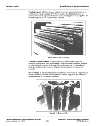 Inspección general 4100XPB Manual de Mantención Mecánica
P&H Mining Equipment – Comunicaciones técnicas Copyright © 2002 Harnischfeger Corporation
Sección 3, Versión 02 - 02/03 -3.14- 41XPB_MM_03.fm
Picado progresivo. El macropicado progresivo normalmente consta de picaduras
notablemente más grandes de .040” (1 mm) en diámetro. El picado de este tipo
puede continuar más rápidamente hasta que una porción grande de la superficie del
diente tiene picaduras de varios tamaños y formas.
Picado con descarcareado. El macropicado con descarcareado consta de
picaduras relativamente poco profundas pero de áreas grandes. La fisura por fatiga
se extiende desde un origen en la superficie del diente de una forma de abanico
hasta que se desprenden escamas delgadas del material y se forma un cráter
triangular.
Desconchado. El macropicado con desconchado es un macropicado progresivo que
ocurre cuando las picaduras se unen y forman cráteres irregulares que cubren un
área significante de la superficie del diente.
Figura 3-10: Picado progresivo
Figura 3-11: Desconchado
 