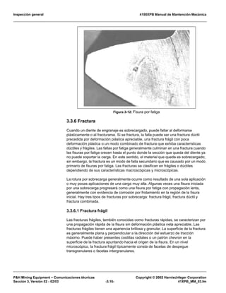 Inspección general 4100XPB Manual de Mantención Mecánica
P&H Mining Equipment – Comunicaciones técnicas Copyright © 2002 Harnischfeger Corporation
Sección 3, Versión 02 - 02/03 -3.16- 41XPB_MM_03.fm
3.3.6 Fractura
Cuando un diente de engranaje es sobrecargado, puede fallar al deformarse
plásticamente o al fracturarse. Si se fractura, la falla puede ser una fractura dúctil
precedida por deformación plástica apreciable, una fractura frágil con poca
deformación plástica o un modo combinado de fractura que exhiba características
dúctiles y frágiles. Las fallas por fatiga generalmente culminan en una fractura cuando
las fisuras por fatiga crecen hasta el punto donde la sección que queda del diente ya
no puede soportar la carga. En este sentido, el material que queda es sobrecargado;
sin embargo, la fractura es un modo de falla secundario que es causado por un modo
primario de fisuras por fatiga. Las fracturas se clasifican en frágiles o dúctiles
dependiendo de sus características macroscópicas y microscópicas.
La rotura por sobrecarga generalmente ocurre como resultado de una sola aplicación
o muy pocas aplicaciones de una carga muy alta. Algunas veces una fisura iniciada
por una sobrecarga progresará como una fisura por fatiga con propagación lenta,
generalmente con evidencia de corrosión por frotamiento en la región de la fisura
inicial. Hay tres tipos de fracturas por sobrecarga: fractura frágil, fractura dúctil y
fractura combinada.
3.3.6.1 Fractura frágil
Las fracturas frágiles, también conocidas como fracturas rápidas, se caracterizan por
una propagación rápida de la fisura sin deformación plástica neta apreciable. Las
fracturas frágiles tienen una apariencia brillosa y granular. La superficie de la fractura
es generalmente plana y perpendicular a la dirección del esfuerzo de tracción
máximo. Puede haber presentes costillas radiales o un patrón chevron en la
superficie de la fractura apuntando hacia el origen de la fisura. En un nivel
microscópico, la fractura frágil típicamente consta de facetas de despegue
transgranulares o facetas intergranulares.
Figura 3-12: Fisura por fatiga
 