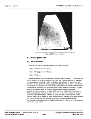 Inspección general 4100XPB Manual de Mantención Mecánica
P&H Mining Equipment – Comunicaciones técnicas Copyright © 2002 Harnischfeger Corporation
Sección 3, Versión 02 - 02/03 -3.18- 41XPB_MM_03.fm
3.3.7 Fatiga por flexión
3.3.7.1 Generalidades
La fatiga es una falla progresiva que tiene tres etapas distintas:
Etapa 1 Iniciación de una fisura;
Etapa 2 Propagación de la fisura;
Etapa 3 Fractura.
La mayor parte de la vida de la fatiga está ocupada por las etapas 1 y 2 hasta que las
fisuras crecen a un tamaño crítico donde ocurre una fractura repentina en la etapa 3.
La fractura puede ser dúctil, frágil o combinada, dependiendo de la aspereza del
material y de la magnitud de los esfuerzos aplicados. Durante la etapa 1 el esfuerzo
pico de flexión es menor que el límite elástico del material y no ocurre deformación de
los dientes del engranaje. Sin embargo, puede ocurrir deformación plástica local en
regiones de concentración de esfuerzo o en áreas con descontinuidades
estructurales, como muescas en la superficie, contorno del grano o inclusiones. La
deformación plástica cíclica generalmente ocurre en planos de deslizamiento que
coniciden con la dirección del esfuerzo de corte máximo. El deslizamiento cíclico
continúa dentro de los planos de deslizamiento de unos pocos granos, generalmente
cerca de la superficie donde el esfuerzo es mayor, hasta que se inician las
microfisuras. Las fisuras crecen en los planos de máximo esfuerzo de corte hasta que
forman una fisura mayor.
Figura 3-14: Corte de dientes
 