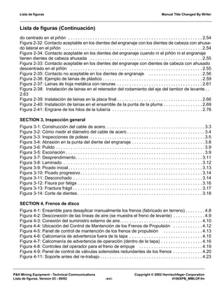 Lista de figuras Manual Title Changed By Writer
P&H Mining Equipment - Technical Communications Copyright © 2002 Harnischfeger Corporation
Lista de figuras, Version 03 - 09/02 -xvi- 4100XPB_MMLOF.fm
Lista de figuras (Continuación)
do centrado en el piñón . . . . . . . . . . . . . . . . . . . . . . . . . . . . . . . . . . . . . . . . . . . . . . . . . . . . . . . 2.54
Figura 2-32: Contacto aceptable en los dientes del engranaje con los dientes de cabeza con ahusa-
do lateral en el piñón . . . . . . . . . . . . . . . . . . . . . . . . . . . . . . . . . . . . . . . . . . . . . . . . . . . . . . . . . 2.54
Figura 2-34: Contacto aceptable en los dientes del engranaje cuando ni el piñón ni el engranaje
tienen dientes de cabeza ahusada . . . . . . . . . . . . . . . . . . . . . . . . . . . . . . . . . . . . . . . . . . . . . . 2.55
Figura 2-33: Contacto aceptable en los dientes del engranaje con dientes de cabeza con ahusado
descentrado en el piñón . . . . . . . . . . . . . . . . . . . . . . . . . . . . . . . . . . . . . . . . . . . . . . . . . . . . . . 2.55
Figura 2-35: Contacto no aceptable en los dientes de engranaje . . . . . . . . . . . . . . . . . . . . . . 2.56
Figura 2-36: Ejemplo de lainas de plástico . . . . . . . . . . . . . . . . . . . . . . . . . . . . . . . . . . . . . . . . . 2.59
Figura 2-37: Lainas de hoja metálica con ranuras . . . . . . . . . . . . . . . . . . . . . . . . . . . . . . . . . . . 2.61
Figura 2-38: Instalación de lainas en el retenedor del rodamiento del eje del tambor de levante . .
2.63
Figura 2-39: Instalación de lainas en la placa final . . . . . . . . . . . . . . . . . . . . . . . . . . . . . . . . . . . 2.66
Figura 2-40: Instalación de lainas en el ensamble de la punta de la pluma . . . . . . . . . . . . . . . . 2.69
Figura 2-41: Engrane de los hilos de la tubería . . . . . . . . . . . . . . . . . . . . . . . . . . . . . . . . . . . . . 2.76
SECTION 3, Inspección general
Figura 3-1: Construcción del cable de acero. . . . . . . . . . . . . . . . . . . . . . . . . . . . . . . . . . . . . . . . . 3.3
Figura 3-2: Cómo medir el diámetro del cable de acero . . . . . . . . . . . . . . . . . . . . . . . . . . . . . . . . 3.4
Figura 3-3: Inspecciones de poleas . . . . . . . . . . . . . . . . . . . . . . . . . . . . . . . . . . . . . . . . . . . . . . . 3.5
Figura 3-4: Abrasión en la punta del diente del engranaje . . . . . . . . . . . . . . . . . . . . . . . . . . . . . . 3.8
Figura 3-6: Pulido . . . . . . . . . . . . . . . . . . . . . . . . . . . . . . . . . . . . . . . . . . . . . . . . . . . . . . . . . . . . . 3.9
Figura 3-5: Escoriación . . . . . . . . . . . . . . . . . . . . . . . . . . . . . . . . . . . . . . . . . . . . . . . . . . . . . . . . . 3.9
Figura 3-7: Desprendimiento. . . . . . . . . . . . . . . . . . . . . . . . . . . . . . . . . . . . . . . . . . . . . . . . . . . . 3.11
Figura 3-8: Laminado . . . . . . . . . . . . . . . . . . . . . . . . . . . . . . . . . . . . . . . . . . . . . . . . . . . . . . . . . 3.12
Figura 3-9: Picado inicial. . . . . . . . . . . . . . . . . . . . . . . . . . . . . . . . . . . . . . . . . . . . . . . . . . . . . . . 3.13
Figura 3-10: Picado progresivo . . . . . . . . . . . . . . . . . . . . . . . . . . . . . . . . . . . . . . . . . . . . . . . . . . 3.14
Figura 3-11: Desconchado . . . . . . . . . . . . . . . . . . . . . . . . . . . . . . . . . . . . . . . . . . . . . . . . . . . . . 3.14
Figura 3-12: Fisura por fatiga . . . . . . . . . . . . . . . . . . . . . . . . . . . . . . . . . . . . . . . . . . . . . . . . . . . 3.16
Figura 3-13: Fractura frágil . . . . . . . . . . . . . . . . . . . . . . . . . . . . . . . . . . . . . . . . . . . . . . . . . . . . . 3.17
Figura 3-14: Corte de dientes . . . . . . . . . . . . . . . . . . . . . . . . . . . . . . . . . . . . . . . . . . . . . . . . . . . 3.18
SECTION 4, Frenos de disco
Figura 4-1: Ensamble para desaplicar manualmente los frenos (fabricado en terreno) . . . . . . . . 4.8
Figura 4-2: Desconexión de las líneas de aire (se muestra el freno de levante) . . . . . . . . . . . . . 4.9
Figura 4-3: Conexión del suministro externo de aire. . . . . . . . . . . . . . . . . . . . . . . . . . . . . . . . . . 4.10
Figura 4-4: Ubicación del Control de Mantención de los Frenos de Propulsión . . . . . . . . . . . . 4.12
Figura 4-5: Panel de control de mantención de los frenos de propulsión . . . . . . . . . . . . . . . . 4.13
Figura 4-6: Calcomanía de advertencia fuera de la tapa . . . . . . . . . . . . . . . . . . . . . . . . . . . . . . 4.15
Figura 4-7: Calcomanía de advertencia de operación (dentro de la tapa) . . . . . . . . . . . . . . . . . 4.16
Figura 4-8: Controles del operador para el freno de empuje . . . . . . . . . . . . . . . . . . . . . . . . . . 4.19
Figura 4-9: Panel de control de válvulas solenoides redundantes de los frenos . . . . . . . . . . . . 4.20
Figura 4-11: Soporte antes del re-trabajo . . . . . . . . . . . . . . . . . . . . . . . . . . . . . . . . . . . . . . . . . . 4.23
 