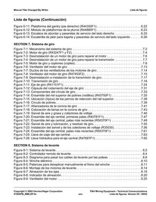 Manual Title Changed By Writer Lista de figuras
Copyright © 2002 Harnischfeger Corporation P&H Mining Equipment - Technical Communications
4100XPB_MMLOF.fm -xix- Lista de figuras, Version 03 - 09/02
Lista de figuras (Continuación)
Figura 6-11: Plataforma del gantry (pie derecho) (R44350F1) . . . . . . . . . . . . . . . . . . . . . . . . . . 6.22
Figura 6-12: Módulo de plataformas de la pluma (R44880F1) . . . . . . . . . . . . . . . . . . . . . . . . . . 6.23
Figura 6-13: Escalera de abordar y pasarelas de servicio del lado derecho . . . . . . . . . . . . . . . 6.25
Figura 6-14: Escalerilla de jalar para bajarla y pasarelas de servicio del lado izquierdo . . . . . . 6.26
SECTION 7, Sistema de giro
Figura 7-1: Mecanismo del sistema de giro . . . . . . . . . . . . . . . . . . . . . . . . . . . . . . . . . . . . . . . . . 7.2
Figura 7-2: Motor de giro (R43247F1 y F2). . . . . . . . . . . . . . . . . . . . . . . . . . . . . . . . . . . . . . . . . . 7.4
Figura 7-3: Desinstalación de un motor de giro para reparar el motor . . . . . . . . . . . . . . . . . . . . . 7.6
Figura 7-4: Desinstalación de un motor de giro para reparar la transmisión . . . . . . . . . . . . . . . . 7.7
Figura 7-5: Motor de giro y coplones (coples). . . . . . . . . . . . . . . . . . . . . . . . . . . . . . . . . . . . . . . . 7.8
Figura 7-6: Ventilador del motor de giro . . . . . . . . . . . . . . . . . . . . . . . . . . . . . . . . . . . . . . . . . . . 7.13
Figura 7-7: Ductos de los ventiladores de los motores de giro . . . . . . . . . . . . . . . . . . . . . . . . . . 7.14
Figura 7-8: Ventilador del motor de giro (R47453F2) . . . . . . . . . . . . . . . . . . . . . . . . . . . . . . . . . 7.15
Figura 7-9: Desinstalación e instalación de la transmisión de giro . . . . . . . . . . . . . . . . . . . . . . . 7.17
Figura 7-10: Transmisión de giro . . . . . . . . . . . . . . . . . . . . . . . . . . . . . . . . . . . . . . . . . . . . . . . . 7.18
Figura 7-11: Eje de giro (R41151F1). . . . . . . . . . . . . . . . . . . . . . . . . . . . . . . . . . . . . . . . . . . . . . 7.24
Figura 7-12: Cápsula del rodamiento del eje de giro . . . . . . . . . . . . . . . . . . . . . . . . . . . . . . . . . 7.31
Figura 7-13: Componentes del círculo de giro . . . . . . . . . . . . . . . . . . . . . . . . . . . . . . . . . . . . . . 7.33
Figura 7-14: Ensamble del riel superior de polines (rodillos) (R43700F1) . . . . . . . . . . . . . . . . . 7.35
Figura 7-15: Ubicación (típica) de los pernos de retención del riel superior . . . . . . . . . . . . . . . . 7.38
Figura 7-16: Círculo de polines . . . . . . . . . . . . . . . . . . . . . . . . . . . . . . . . . . . . . . . . . . . . . . . . . . 7.39
Figura 7-17: Afianzadores de la corona de giro . . . . . . . . . . . . . . . . . . . . . . . . . . . . . . . . . . . . . 7.41
Figura 7-18: Colocación de lainas en la corona de giro . . . . . . . . . . . . . . . . . . . . . . . . . . . . . . . 7.43
Figura 7-19: Swivel de aire y grasa y colectores de voltaje . . . . . . . . . . . . . . . . . . . . . . . . . . . . 7.46
Figura 7-20: Ensamble del eje central, primeras palas (R40781F1). . . . . . . . . . . . . . . . . . . . . . 7.47
Figura 7-21: Ensamble del eje central, palas más recientes (R50370F1) . . . . . . . . . . . . . . . . . 7.49
Figura 7-22: Swivel de aire y lubricación, y resolver de giro. . . . . . . . . . . . . . . . . . . . . . . . . . . . 7.55
Figura 7-23: Instalación del swivel y de los colectores de voltaje (R35030). . . . . . . . . . . . . . . . 7.56
Figura 7-24: Ensamble del eje central, palas más recientes (R50370F1) . . . . . . . . . . . . . . . . . 7.61
Figura 7-25: Llave de izaje del eje central. . . . . . . . . . . . . . . . . . . . . . . . . . . . . . . . . . . . . . . . . . 7.63
Figura 7-26: Llave hidráulica para el eje central (R47687F1) . . . . . . . . . . . . . . . . . . . . . . . . . . . 7.65
SECTION 8, Sistema de levante
Figura 8-1: Sistema de levante . . . . . . . . . . . . . . . . . . . . . . . . . . . . . . . . . . . . . . . . . . . . . . . . . . . 8.2
Figura 8-2: Controlador remoto de levante . . . . . . . . . . . . . . . . . . . . . . . . . . . . . . . . . . . . . . . . . . 8.4
Figura 8-3: Diagrama para pasar los cables de levante por las poleas . . . . . . . . . . . . . . . . . . . . 8.8
Figura 8-4: Winche eléctrico . . . . . . . . . . . . . . . . . . . . . . . . . . . . . . . . . . . . . . . . . . . . . . . . . . . . 8.10
Figura 8-5: Palancas para desaplicar manualmente el freno del winche . . . . . . . . . . . . . . . . . . 8.11
Figura 8-6: Montaje de los motores de levante. . . . . . . . . . . . . . . . . . . . . . . . . . . . . . . . . . . . . . 8.14
Figura 8-7: Alineación de los ejes . . . . . . . . . . . . . . . . . . . . . . . . . . . . . . . . . . . . . . . . . . . . . . . . 8.18
Figura 8-8: Indicador de alineación. . . . . . . . . . . . . . . . . . . . . . . . . . . . . . . . . . . . . . . . . . . . . . . 8.20
Figura 8-9: Ventilador del motor . . . . . . . . . . . . . . . . . . . . . . . . . . . . . . . . . . . . . . . . . . . . . . . . . 8.25
 