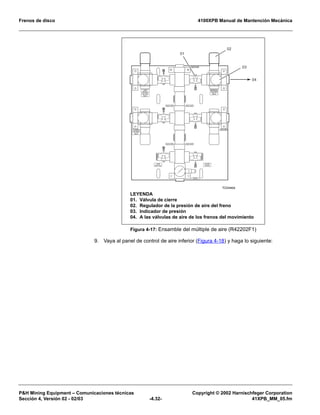 Frenos de disco 4100XPB Manual de Mantención Mecánica
P&H Mining Equipment – Comunicaciones técnicas Copyright © 2002 Harnischfeger Corporation
Sección 4, Versión 02 - 02/03 -4.32- 41XPB_MM_05.fm
9. Vaya al panel de control de aire inferior (Figura 4-18) y haga lo siguiente:
T
Figura 4-17: Ensamble del múltiple de aire (R42202F1)
PUMPS
40 PSI
MAX
LWR
AIR PNL
COOP/
STAIR
AUX-AIR
BRAKES
AUX-AIR
AUX-AIRAUX-AIR
AUX-AIR
INLET
AUX-AIR
100 PSI
MAX60 PSI
MAX
LWR
SPRAY
TC0446A


!

LEYENDA
01. Válvula de cierre
02. Regulador de la presión de aire del freno
03. Indicador de presión
04. A las válvulas de aire de los frenos del movimiento
 