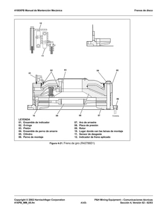 4100XPB Manual de Mantención Mecánica Frenos de disco
Copyright © 2002 Harnischfeger Corporation PH Mining Equipment – Comunicaciones técnicas
41XPB_MM_05.fm -4.43- Sección 4, Versión 02 - 02/03
Figura 4-21: Freno de giro (R42786D1)
TC0453b
01
02 03 0504
06
07080910
11
12
LEYENDA
01. Ensamble de indicador
02. O-rings
03. Pistón
04. Ensamble de perno de amarre
05. Cilindro
06. Perno de montaje
07. Aro de arrastre
08. Placa de presión
09. Rotor
10. Lugar donde van las lainas de montaje
11. Sensor de desgaste
12. Indicador de freno aplicado
 