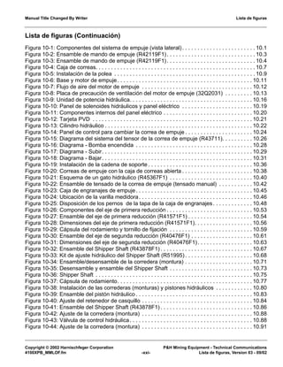 Manual Title Changed By Writer Lista de figuras
Copyright © 2002 Harnischfeger Corporation P&H Mining Equipment - Technical Communications
4100XPB_MMLOF.fm -xxi- Lista de figuras, Version 03 - 09/02
Lista de figuras (Continuación)
Figura 10-1: Componentes del sistema de empuje (vista lateral). . . . . . . . . . . . . . . . . . . . . . . . 10.1
Figura 10-2: Ensamble de mando de empuje (R42119F1). . . . . . . . . . . . . . . . . . . . . . . . . . . . . 10.3
Figura 10-3: Ensamble de mando de empuje (R42119F1). . . . . . . . . . . . . . . . . . . . . . . . . . . . . 10.4
Figura 10-4: Caja de correas. . . . . . . . . . . . . . . . . . . . . . . . . . . . . . . . . . . . . . . . . . . . . . . . . . . . 10.7
Figura 10-5: Instalación de la polea . . . . . . . . . . . . . . . . . . . . . . . . . . . . . . . . . . . . . . . . . . . . . . 10.9
Figura 10-6: Base y motor de empuje. . . . . . . . . . . . . . . . . . . . . . . . . . . . . . . . . . . . . . . . . . . . 10.11
Figura 10-7: Flujo de aire del motor de empuje . . . . . . . . . . . . . . . . . . . . . . . . . . . . . . . . . . . . 10.12
Figura 10-8: Placa de precaución de ventilación del motor de empuje (32Q2031) . . . . . . . . . 10.13
Figura 10-9: Unidad de potencia hidráulica. . . . . . . . . . . . . . . . . . . . . . . . . . . . . . . . . . . . . . . . 10.16
Figura 10-10: Panel de solenoides hidráulicos y panel eléctrico . . . . . . . . . . . . . . . . . . . . . . . 10.19
Figura 10-11: Componentes internos del panel eléctrico . . . . . . . . . . . . . . . . . . . . . . . . . . . . . 10.20
Figura 10-12: Tarjeta PVD . . . . . . . . . . . . . . . . . . . . . . . . . . . . . . . . . . . . . . . . . . . . . . . . . . . . 10.21
Figura 10-13: Cilindro hidráulico . . . . . . . . . . . . . . . . . . . . . . . . . . . . . . . . . . . . . . . . . . . . . . . . 10.22
Figura 10-14: Panel de control para cambiar la correa de empuje . . . . . . . . . . . . . . . . . . . . . . 10.24
Figura 10-15: Diagrama del sistema del tensor de la correa de empuje (R43711). . . . . . . . . . 10.26
Figura 10-16: Diagrama - Bomba encendida . . . . . . . . . . . . . . . . . . . . . . . . . . . . . . . . . . . . . . 10.28
Figura 10-17: Diagrama - Subir. . . . . . . . . . . . . . . . . . . . . . . . . . . . . . . . . . . . . . . . . . . . . . . . . 10.29
Figura 10-18: Diagrama - Bajar. . . . . . . . . . . . . . . . . . . . . . . . . . . . . . . . . . . . . . . . . . . . . . . . . 10.31
Figura 10-19: Instalación de la cadena de soporte . . . . . . . . . . . . . . . . . . . . . . . . . . . . . . . . . . 10.36
Figura 10-20: Correas de empuje con la caja de correas abierta . . . . . . . . . . . . . . . . . . . . . . . 10.38
Figura 10-21: Esquema de un gato hidráulico (R45367F1) . . . . . . . . . . . . . . . . . . . . . . . . . . . 10.40
Figura 10-22: Ensamble de tensado de la correa de empuje (tensado manual) . . . . . . . . . . . 10.42
Figura 10-23: Caja de engranajes de empuje. . . . . . . . . . . . . . . . . . . . . . . . . . . . . . . . . . . . . . 10.45
Figura 10-24: Ubicación de la varilla medidora. . . . . . . . . . . . . . . . . . . . . . . . . . . . . . . . . . . . . 10.46
Figura 10-25: Disposición de los pernos de la tapa de la caja de engranajes. . . . . . . . . . . . . 10.48
Figura 10-26: Componentes del eje de primera reducción . . . . . . . . . . . . . . . . . . . . . . . . . . . . 10.53
Figura 10-27: Ensamble del eje de primera reducción (R41571F1) . . . . . . . . . . . . . . . . . . . . . 10.54
Figura 10-28: Dimensiones del eje de primera reducción (R41571F1). . . . . . . . . . . . . . . . . . . 10.56
Figura 10-29: Cápsula del rodamiento y tornillo de fijación . . . . . . . . . . . . . . . . . . . . . . . . . . . 10.59
Figura 10-30: Ensamble del eje de segunda reducción (R40476F1) . . . . . . . . . . . . . . . . . . . . 10.61
Figura 10-31: Dimensiones del eje de segunda reducción (R40476F1). . . . . . . . . . . . . . . . . . 10.63
Figura 10-32: Ensamble del Shipper Shaft (R43878F1) . . . . . . . . . . . . . . . . . . . . . . . . . . . . . . 10.67
Figura 10-33: Kit de ajuste hidráulico del Shipper Shaft (R51995) . . . . . . . . . . . . . . . . . . . . . . 10.68
Figura 10-34: Ensamble/desensamble de la corredera (montura) . . . . . . . . . . . . . . . . . . . . . . 10.71
Figura 10-35: Desensamble y ensamble del Shipper Shaft . . . . . . . . . . . . . . . . . . . . . . . . . . . 10.73
Figura 10-36: Shipper Shaft . . . . . . . . . . . . . . . . . . . . . . . . . . . . . . . . . . . . . . . . . . . . . . . . . . . 10.75
Figura 10-37: Cápsula de rodamiento. . . . . . . . . . . . . . . . . . . . . . . . . . . . . . . . . . . . . . . . . . . . 10.77
Figura 10-38: Instalación de las correderas (monturas) y pistones hidráulicos . . . . . . . . . . . . 10.80
Figura 10-39: Ensamble del pistón hidráulico . . . . . . . . . . . . . . . . . . . . . . . . . . . . . . . . . . . . . . 10.83
Figura 10-40: Ajuste del retenedor de casquillo . . . . . . . . . . . . . . . . . . . . . . . . . . . . . . . . . . . . 10.84
Figura 10-41: Ensamble del Shipper Shaft (R43878F1) . . . . . . . . . . . . . . . . . . . . . . . . . . . . . . 10.86
Figura 10-42: Ajuste de la corredera (montura) . . . . . . . . . . . . . . . . . . . . . . . . . . . . . . . . . . . . 10.88
Figura 10-43: Válvula de control hidráulica. . . . . . . . . . . . . . . . . . . . . . . . . . . . . . . . . . . . . . . . 10.88
Figura 10-44: Ajuste de la corredera (montura) . . . . . . . . . . . . . . . . . . . . . . . . . . . . . . . . . . . . 10.91
 