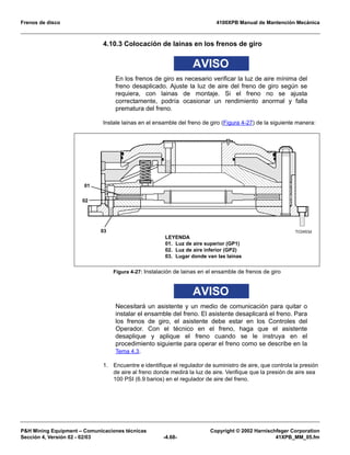 Frenos de disco 4100XPB Manual de Mantención Mecánica
PH Mining Equipment – Comunicaciones técnicas Copyright © 2002 Harnischfeger Corporation
Sección 4, Versión 02 - 02/03 -4.68- 41XPB_MM_05.fm
4.10.3 Colocación de lainas en los frenos de giro
AVISO
En los frenos de giro es necesario verificar la luz de aire mínima del
freno desaplicado. Ajuste la luz de aire del freno de giro según se
requiera, con lainas de montaje. Si el freno no se ajusta
correctamente, podría ocasionar un rendimiento anormal y falla
prematura del freno.
Instale lainas en el ensamble del freno de giro (Figura 4-27) de la siguiente manera:
AVISO
Necesitará un asistente y un medio de comunicación para quitar o
instalar el ensamble del freno. El asistente desaplicará el freno. Para
los frenos de giro, el asistente debe estar en los Controles del
Operador. Con el técnico en el freno, haga que el asistente
desaplique y aplique el freno cuando se le instruya en el
procedimiento siguiente para operar el freno como se describe en la
Tema 4.3.
1. Encuentre e identifique el regulador de suministro de aire, que controla la presión
de aire al freno donde medirá la luz de aire. Verifique que la presión de aire sea
100 PSI (6.9 barios) en el regulador de aire del freno.
Figura 4-27: Instalación de lainas en el ensamble de frenos de giro
TC0453d03
01
02
LEYENDA
01. Luz de aire superior (GP1)
02. Luz de aire inferior (GP2)
03. Lugar donde van las lainas
 