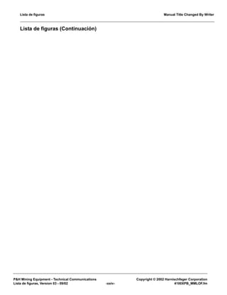 Lista de figuras Manual Title Changed By Writer
P&H Mining Equipment - Technical Communications Copyright © 2002 Harnischfeger Corporation
Lista de figuras, Version 03 - 09/02 -xxiv- 4100XPB_MMLOF.fm
Lista de figuras (Continuación)
 