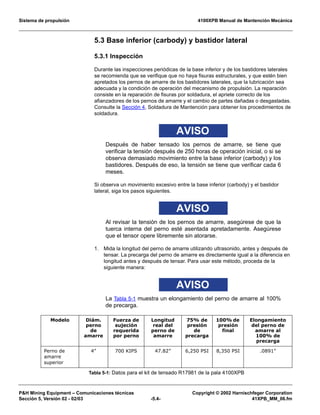 Sistema de propulsión 4100XPB Manual de Mantención Mecánica
PH Mining Equipment – Comunicaciones técnicas Copyright © 2002 Harnischfeger Corporation
Sección 5, Versión 02 - 02/03 -5.4- 41XPB_MM_06.fm
5.3 Base inferior (carbody) y bastidor lateral
5.3.1 Inspección
Durante las inspecciones periódicas de la base inferior y de los bastidores laterales
se recomienda que se verifique que no haya fisuras estructurales, y que estén bien
apretados los pernos de amarre de los bastidores laterales, que la lubricación sea
adecuada y la condición de operación del mecanismo de propulsión. La reparación
consiste en la reparación de fisuras por soldadura, el apriete correcto de los
afianzadores de los pernos de amarre y el cambio de partes dañadas o desgastadas.
Consulte la Sección 4, Soldadura de Mantención para obtener los procedimientos de
soldadura.
AVISO
Después de haber tensado los pernos de amarre, se tiene que
verificar la tensión después de 250 horas de operación inicial, o si se
observa demasiado movimiento entre la base inferior (carbody) y los
bastidores. Después de eso, la tensión se tiene que verificar cada 6
meses.
Si observa un movimiento excesivo entre la base inferior (carbody) y el bastidor
lateral, siga los pasos siguientes.
AVISO
Al revisar la tensión de los pernos de amarre, asegúrese de que la
tuerca interna del perno esté asentada apretadamente. Asegúrese
que el tensor opere libremente sin atorarse.
1. Mida la longitud del perno de amarre utilizando ultrasonido, antes y después de
tensar. La precarga del perno de amarre es directamente igual a la diferencia en
longitud antes y después de tensar. Para usar este método, proceda de la
siguiente manera:
AVISO
La Tabla 5-1 muestra un elongamiento del perno de amarre al 100%
de precarga.
Modelo Diám.
perno
de
amarre
Fuerza de
sujeción
requerida
por perno
Longitud
real del
perno de
amarre
75% de
presión
de
precarga
100% de
presión
final
Elongamiento
del perno de
amarre al
100% de
precarga
Perno de
amarre
superior
4” 700 KIPS 47.82” 6,250 PSI 8,350 PSI .0891”
Tabla 5-1: Datos para el kit de tensado R17981 de la pala 4100XPB
 