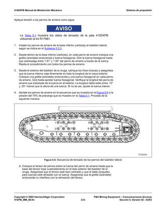4100XPB Manual de Mantención Mecánica Sistema de propulsión
Copyright © 2002 Harnischfeger Corporation PH Mining Equipment – Comunicaciones técnicas
41XPB_MM_06.fm -5.9- Sección 5, Versión 02 - 02/03
Aplique tensión a los pernos de amarre como sigue:
AVISO
La Tabla 5-1 muestra los datos de tensado de la pala 4100XPB
utilizando el kit R17981.
1. Instale los pernos de amarre de la base inferior (carbody) al bastidor lateral,
según se indica en el Subtema 5.3.3.
2. Desde dentro de la base inferior (carbody), en cada perno de amarre coloque una
golilla (arandela) endurecida y tuerca hexagonal. Gire la tuerca hexagonal hasta
que sobresalga entre 1.81” y 1.94” del perno de amarre a través de la tuerca.
Repita el procedimiento con todos los pernos de amarre.
3. Desde el exterior del bastidor de la oruga, lubrique los hilos (roscas) y asegúrese
que la tuerca interna viaje libremente en toda la longitud de la rosca exterior.
Coloque una golilla (arandela) endurecida y una tuerca hexagonal en cada perno
de amarre. Gire hasta apretar tuerca hexagonal. Verifique la longitud del perno de
amarre que sobresale de la tuerca en el exterior. La longitud debe estar entre .12″
y .25″ menos que la altura de una tuerca. Si no es así, ajuste la tuerca interior.
4. Apriete los pernos de amarre en la secuencia que se muestra en la Figura 5-5 a la
presión del 75% de precarga que se muestra en la Tabla 5-1. Proceda de la
siguiente manera:
A. Coloque el tensor de pernos sobre la tuerca del perno de amarre hasta que la
base del tensor tope cuadradamente en el lado exterior del bastidor de la
oruga. Asegúrese que el tensor esté bien centrado y que el dado (soquete)
para tuercas esté alineado con la tuerca. Asegúrese que la golilla (arandela)
endurecida no interfiera con la alineación del tensor.
Figura 5-5: Secuencia de tensado de los pernos del bastidor lateral
TC2020A
1 9 13 5
3
11 15
7
8
16 12 4
6
14 10
2
 