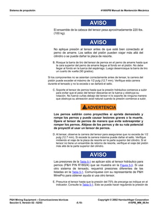 Sistema de propulsión 4100XPB Manual de Mantención Mecánica
PH Mining Equipment – Comunicaciones técnicas Copyright © 2002 Harnischfeger Corporation
Sección 5, Versión 02 - 02/03 -5.10- 41XPB_MM_06.fm
AVISO
El ensamble de la cabeza del tensor pesa aproximadamente 220 lbs.
(100 kg).
AVISO
No aplique presión al tensor antes de que esté bien conectado al
perno de amarre. Los sellos del pistón pueden viajar más allá del
cilindro o se puede dañar la placa de resorte.
B. Rosque la barra de tiro del tensor de pernos en el perno de amarre hasta que
la cara superior del perno de amarre llegue al fondo en el pistón. No debe
llegar al fondo en la tuerca del espárrago. Luego desenrosque la barra de tiro
un cuarto de vuelta (90 grados).
Si los componentes no se asientan correctamente antes de tensar, la carrera del
pistón puede exceder el máximo de 1/2 pulg (12.7 mm). Verifique esta carrera
durante el tensado y no la exceda o se dañará el sello.
C. Soporte el tensor de pernos hasta que la presión hidráulica comience a subir
para evitar que el peso del tensor descanse en la tuerca y obstruya su
rotación. No fuerce cuñas debajo del tensor ni lo soporte de ninguna manera
que obstruya su alineación axial natural cuando la presión comience a subir.
ADVERTENCIA!
Los pernos saldrán como proyectiles si aprieta demasiado y
rompe los pernos y puede causar lesiones graves o la muerte.
Opere el tensor de pernos de manera que evite sobreapretar y
romper los pernos. Aléjese de los pernos y de su ruta potencial
de proyectil al usar un tensor de pernos.
D. Al tensar, observe la carrera del tensor para asegurarse que no exceda de 1/2
pulg (12.7 mm). Si excede la carrera máxima puede dañar el sello. Verifique
midiendo el viaje de la placa de resorte en la parte superior del cilindro. Si el
tensor no tiene un ensamble de retorno de resorte, verifique el viaje del pistón
más allá de la parte superior del cilindro.
AVISO
Las presiones de la Tabla 5-1 se aplican sólo al tensor hidráulico para
pernos (PH P/N R18024) que se muestra en la Figura 5-3. Si usa
otro sistema de tensado, requerirá presiones diferentes de las
listadas en la Tabla 5-1. Comuníquese con su representante de PH
MinePro para obtener ayuda si usa otro tensor.
E. Presurice el tensor hasta que la presión del 75% de precarga se indique en el
indicador. Consulte la Tabla 5-1. Esto se puede hacer regulando la presión de
 