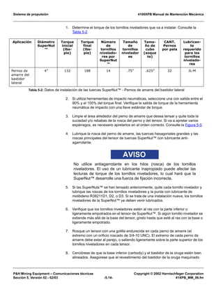 Sistema de propulsión 4100XPB Manual de Mantención Mecánica
PH Mining Equipment – Comunicaciones técnicas Copyright © 2002 Harnischfeger Corporation
Sección 5, Versión 02 - 02/03 -5.14- 41XPB_MM_06.fm
1. Determine el torque de los tornillos niveladores que va a instalar. Consulte la
Tabla 5-2.
2. Si utiliza herramientas de impacto neumáticas, seleccione una con salida entre el
90% y el 100% del torque final. Verifique la salida de torque de la herramienta
neumática de impacto con una llave estándar de torque.
3. Limpie el área alrededor del perno de amarre que desea tensar y quite toda la
suciedad y/o rebabas de la rosca del perno y del tensor. Si va a apretar varios
espárragos, es necesario apretarlos en el orden correcto. Consulte la Figura 5-5.
4. Lubrique la rosca del perno de amarre, las tuercas hexagonales grandes y las
roscas principales del tensor de tuercas SuperNut™ con lubricante anti-
agarrotante.
AVISO
No utilice antiagarrotante en los hilos (rosca) de los tornillos
niveladores. El uso de un lubricante inapropiado puede afectar las
lecturas de torque de los tornillos niveladores, lo cual hará que la
SuperNut™ desarrolle una fuerza de fijación incorrecta.
5. Si las SuperNuts™ se han tensado anteriormente, quite cada tornillo nivelador y
lubrique las roscas de los tornillos niveladores y la punta con lubricante de
molibdeno R38211D1, D2, o D3. Si se trata de una instalación nueva, los tornillos
niveladores de la SuperNut™ ya deben venir lubricados.
6. Verifique que los tornillos niveladores estén al ras con la parte inferior o
ligeramente empotrados en el tensor de SuperNut™. Si algún tornillo nivelador se
extiende más allá de la base del tensor, gírelo hasta que esté al ras con la base o
ligeramente empotrado.
7. Rosque un tensor con una golilla endurecida en cada perno de amarre (el
extremo con un orificio roscado de 3/4-10 UNC). El extremo de cada perno de
amarre debe estar al parejo, o saliendo ligeramente sobre la parte superior de los
tornillos niveladores en cada tensor.
8. Cerciórese de que la base inferior (carbody) y el bastidor de la oruga estén bien
alineados. Asegúrese que el revestimiento del bastidor de la oruga maquinado
Aplicación Diámetro
SuperNut
™
Torque
inicial
(lbs-
pie)
Torque
final
(lbs-
pie)
Número
de
tornillos
nivelado-
res por
SuperNut
™
Tamaño
de
tornillos
nivelador
es
Tama-
ño de
cubo
(soque
te)
CANT.
Pernos
por pala
Lubrican-
te
requerido
para los
tornillos
nivelado-
res
Pernos de
amarre del
bastidor
lateral
4” 132 188 14 .75” .625” 32 JL-M
Tabla 5-2: Datos de instalación de las tuercas SuperNut™ - Pernos de amarre del bastidor lateral
 