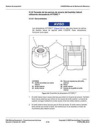 Sistema de propulsión 4100XPB Manual de Mantención Mecánica
PH Mining Equipment – Comunicaciones técnicas Copyright © 2002 Harnischfeger Corporation
Sección 5, Versión 02 - 02/03 -5.18- 41XPB_MM_06.fm
5.3.6 Tensado de los pernos de amarre del bastidor lateral
utilizando abrazaderas HYTORC™
5.3.6.1 Generalidades
AVISO
Las abrazaderas HYTORC™ (Figura 5-9) se usan para tensar los pernos
del bastidor lateral de algunas palas 4100XPB. Estas abrazaderas
funcionan como sigue:
1. El anillo interior tiene roscas internas que entran en el perno de amarre. También
tiene roscas externas que entran en las roscas del anillo exterior. La fuerza de
sujeción se logra mediante la contra acción entre los anillos interno y externo.
2. El anillo externo tiene ranuras para la llave de tensar. El anillo interno también
tiene estrías que anclan la llave, de manera que no se necesita un brazo de
movimiento para retener la llave.
Figura 5-9: Ensamble de abrazadera HYTORC™
05
01
04
02
06
03
07
TC2079
LEYENDA
01. Golilla (arandela) con estría
interna
02. Anillo exterior
03. Anillo interior
04. Ranuras impulsoras del anillo
exterior
05. Perno
06. Anillo interior
07. Estrías de la golilla al anillo
interior
 