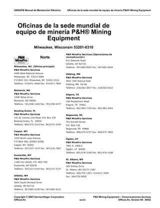 2800XPB Manual de Mantención Eléctrica Oficinas de la sede mundial de equipo de minería P&H® Mining Equipment
Copyright © 2003 Harnischfeger Corporation P&H Mining Equipment – Comunicaciones técnicas
Offices.fm -xxvii- Offices.fm, Versión 08 - 09/02
Milwaukee, WI (Oficina principal)
P&H MinePro Services
4400 West National Avenue
Milwaukee, WI 53214-3684
P O BOX 310, Milwaukee, WI 53201-0310
Teléfono: 414/671-4400 Fax: 414/671-7604
Bismarck, ND
P&H MinePro Services
1938 Tahoe Drive
Bismarck, ND 58504
Teléfono: 701/258-1442 Fax: 701/258-4477
Bowling Green, FL
P&H MinePro Services
101 W. County Line Road, P.O. Box 339
Bowling Green, FL 33834
Teléfono: 863/375-3333 Fax: 863/375-3555
Casper, WY
P&H MinePro Services
1935 North Loop Avenue,
P O BOX 296, (82602-0296)
Casper, WY 82601
Teléfono: 307/237-1574 Fax: 307/235-7907
Evansville, WY
P&H MinePro Services
1180 Iron Street, P.O. BOX 459
Evansville, WY 82636
Teléfono: 307/237-5144 Fax: 307/237-5147
Gillette, WY
P&H MinePro Services
5834 South Winland Drive
Gillette, WY 82718
Teléfono: 307/685-4100 Fax: 307/685-4101
P&H MinePro Services (Operaciones de
reconstrucción)
811 Edwards Road
Gillette, WY 82718
Teléfono: 307/682-0035 Fax: 307/682-0049
Hibbing, MN
P&H MinePro Services
3621 15th Avenue East
Hibbing, MN 55746
Teléfono: 218/262-3837 Fax: 218/262-6323
Kilgore, TX
P&H MinePro Services
106 Powderhorn Road
Kilgore, TX 75662
Teléfono: 903-983-7744 Fax: 903-983-2954
Negaunee, MI
P&H MinePro Services
701 Everett Street
P.O. BOX 150
Negaunee, MI 49866
Teléfono: 906/475-6737 Fax: 906/475-7893
Ogden, UT
P&H MinePro Services
7891 S. 1800 E.
Ogden, UT 84405
Teléfono: 801/476-3168 Fax: 801/476-3188
St. Albans, WV
P&H MinePro Services
205 Smiley Drive
St. Albans, WV 25177-1587
Teléfono: 304/755-1007; 414/671-7609
Fax: 304/755-8595
SM
Norte
Oficinas de la sede mundial de
equipo de minería P&H® Mining
Equipment
Milwaukee, Wisconsin 53201-0310
 