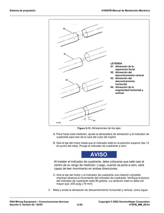 Sistema de propulsión 4100XPB Manual de Mantención Mecánica
PH Mining Equipment – Comunicaciones técnicas Copyright © 2002 Harnischfeger Corporation
Sección 5, Versión 02 - 02/03 -5.30- 41XPB_MM_06.fm
A. Para hacer esta medición, ajuste la abrazadera de alineación y el indicador de
cuadrante para leer de la cara del cubo del coplón.
B. Gire el eje del motor hasta que el indicador esté en la posición superior (las 12
en punto del reloj). Ponga el indicador de cuadrante a cero.
AVISO
Al instalar el indicador de cuadrante, debe colocarse que esté casi al
centro de su rango de medición. Luego, cuando se pone a cero, será
capaz de leer movimiento en ambas direcciones.
C. Gire el eje del motor y el indicador de cuadrante una rotación completa
mientras observa el movimiento del indicador de cuadrante. Verifique la lectura
del indicador de cuadrante cada 90 grados. La variación total no debe ser
mayor que .030 pulg (.76 mm)
3. Mida y anote la alineación de descentramiento horizontal y vertical, como sigue:
Figura 5-13: Alineaciones de los ejes
LEYENDA
01. Alineación de la
separación facial
02. Alineación del
descentramiento vertical
03. Alineación del
descentramiento
horizontal
04. Alineación de la
angularidad horizontal y
vertical
 