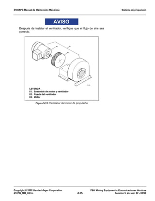 4100XPB Manual de Mantención Mecánica Sistema de propulsión
Copyright © 2002 Harnischfeger Corporation PH Mining Equipment – Comunicaciones técnicas
41XPB_MM_06.fm -5.37- Sección 5, Versión 02 - 02/03
AVISO
Después de instalar el ventilador, verifique que el flujo de aire sea
correcto.
Figura 5-15: Ventilador del motor de propulsión
LEYENDA
01. Ensamble de motor y ventilador
02. Rueda del ventilador
03. Motor
 