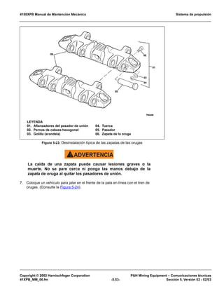 4100XPB Manual de Mantención Mecánica Sistema de propulsión
Copyright © 2002 Harnischfeger Corporation PH Mining Equipment – Comunicaciones técnicas
41XPB_MM_06.fm -5.53- Sección 5, Versión 02 - 02/03
ADVERTENCIA!
La caída de una zapata puede causar lesiones graves o la
muerte. No se pare cerca ni ponga las manos debajo de la
zapata de oruga al quitar los pasadores de unión.
7. Coloque un vehículo para jalar en el frente de la pala en línea con el tren de
orugas. (Consulte la Figura 5-24).
Figura 5-23: Desinstalación típica de las zapatas de las orugas
LEYENDA
01. Afianzadores del pasador de unión
02. Pernos de cabeza hexagonal
03. Golilla (arandela)
04. Tuerca
05. Pasador
06. Zapata de la oruga
 