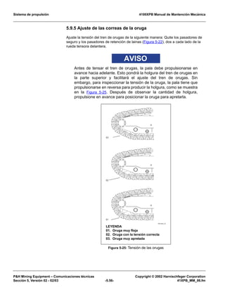 Sistema de propulsión 4100XPB Manual de Mantención Mecánica
PH Mining Equipment – Comunicaciones técnicas Copyright © 2002 Harnischfeger Corporation
Sección 5, Versión 02 - 02/03 -5.56- 41XPB_MM_06.fm
5.9.5 Ajuste de las correas de la oruga
Ajuste la tensión del tren de orugas de la siguiente manera: Quite los pasadores de
seguro y los pasadores de retención de lainas (Figura 5-22), dos a cada lado de la
rueda tensora delantera.
AVISO
Antes de tensar el tren de orugas, la pala debe propulsionarse en
avance hacia adelante. Esto pondrá la holgura del tren de orugas en
la parte superior y facilitará el ajuste del tren de orugas. Sin
embargo, para inspeccionar la tensión de la oruga, la pala tiene que
propulsionarse en reversa para producir la holgura, como se muestra
en la Figura 5-25. Después de observar la cantidad de holgura,
propulsione en avance para posicionar la oruga para apretarla.
Figura 5-25: Tensión de las orugas
ES1244_01
03
02
01
LEYENDA
01. Oruga muy floja
02. Oruga con la tensión correcta
03. Oruga muy apretada
 