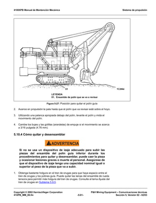 4100XPB Manual de Mantención Mecánica Sistema de propulsión
Copyright © 2002 Harnischfeger Corporation PH Mining Equipment – Comunicaciones técnicas
41XPB_MM_06.fm -5.61- Sección 5, Versión 02 - 02/03
2. Avance en propulsión la pala hasta que el polín que va revisar esté sobre el hoyo.
3. Utilizando una palanca apropiada debajo del polín, levante el polín y mida el
movimiento del polín.
4. Cambie los bujes y las golillas (arandelas) de empuje si el movimiento se acerca
a 3/16 pulgada (4.76 mm).
5.10.4 Cómo quitar y desensamblar
ADVERTENCIA!
Si no se usa un dispositivo de izaje adecuado para subir las
piezas del ensamble del polín guía inferior durante los
procedimientos para quitar y desensamblar, puede caer la pieza
y ocasionar lesiones graves o muerte al personal. Asegúrese de
que el dispositivo de izaje tenga una capacidad nominal igual o
superior al peso de la pieza que va a subir.
1. Obtenga bastante holgura en el tren de orugas para que haya espacio entre el
tren de orugas y los polines guía. Puede quitar las lainas del ensamble de rueda
tensora para permitir más holgura del tren de orugas. Consulte el tema Ajuste del
tren de orugas en Subtema 5.9.5.
Figura 5-27: Posición para quitar el polín guía
LEYENDA
01. Ensamble de polín que se va a revisar
 