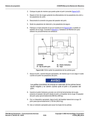 Sistema de propulsión 4100XPB Manual de Mantención Mecánica
PH Mining Equipment – Comunicaciones técnicas Copyright © 2002 Harnischfeger Corporation
Sección 5, Versión 02 - 02/03 -5.62- 41XPB_MM_06.fm
2. Coloque la pala de manera que pueda quitar el polín (consulte Figura 5-27).
3. Separe el tren de orugas quitando los afianzadores de los pasadores de unión y
los pasadores de unión.
4. Desconecte la conexión de grasa del pasador del polín.
5. Quite los pasadores de retención y los pasadores de seguro.
6. Fabrique un tope parecido al que se muestra en la Figura 5-28 y sueldelo al
bastidor de la oruga. Consulte la Sección 4, Soldadura de Mantención para
obtener los procedimientos de soldadura.
7. Apoye el polín, usando bloques apropiados, de manera que no se caiga ni ruede
cuando se quiten los pasadores del polín.
AVISO
Las golillas (arandelas) de empuje en cada lado de los polines tienen
ajuste holgado y se caerán cuando quite el polín o el pasador del
polín.
8. Usando el pistón hidráulico provisto con el kit de herramientas de la pala,
presione el pasador del polín desde el polín y el bastidor de la oruga. El pasador
del polín pesa aproximadamente 680 lbs (308 kg).
9. Con un dispositivo apropiado, baje el polín del bastidor lateral de la oruga. El
polín pesa aproximadamente 2,100 lbs (952.6 kg).
10. Use un extractor apropiado para sacar los bujes de los polines.
Figura 5-28: Cómo quitar los pasadores de los polines guía
LEYENDA
01. Eje de polín guía
02. Pistón hidráulico
03. Tope
 