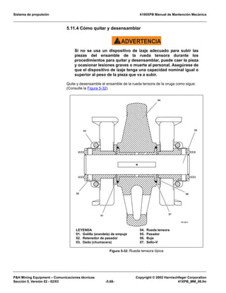 Sistema de propulsión 4100XPB Manual de Mantención Mecánica
PH Mining Equipment – Comunicaciones técnicas Copyright © 2002 Harnischfeger Corporation
Sección 5, Versión 02 - 02/03 -5.68- 41XPB_MM_06.fm
5.11.4 Cómo quitar y desensamblar
ADVERTENCIA!
Si no se usa un dispositivo de izaje adecuado para subir las
piezas del ensamble de la rueda tensora durante los
procedimientos para quitar y desensamblar, puede caer la pieza
y ocasionar lesiones graves o muerte al personal. Asegúrese de
que el dispositivo de izaje tenga una capacidad nominal igual o
superior al peso de la pieza que va a subir.
Quite y desensamble el ensamble de la rueda tensora de la oruga como sigue:
(Consulte la Figura 5-32).
Figura 5-32: Rueda tensora típica
#

!

%
$
6+$%
LEYENDA
01. Golilla (arandela) de empuje
02. Retenedor de pasador
03. Dado (chumacera)
04. Rueda tensora
05. Pasador
06. Buje
07. Sello-V
 