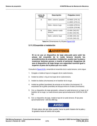 Sistema de propulsión 4100XPB Manual de Mantención Mecánica
PH Mining Equipment – Comunicaciones técnicas Copyright © 2002 Harnischfeger Corporation
Sección 5, Versión 02 - 02/03 -5.74- 41XPB_MM_06.fm
5.11.5 Ensamble e instalación
ADVERTENCIA!
Si no se usa un dispositivo de izaje adecuado para subir las
piezas del ensamble de la rueda tensora durante los
procedimientos de ensamble e instalación, puede caer la pieza y
ocasionar lesiones graves o muerte al personal. Asegúrese de
que el dispositivo de izaje tenga una capacidad nominal igual o
superior al peso de la pieza que va a subir.
Consulte la Figura 5-32 y ensamble el ensamble de la rueda tensora, como sigue:
1. Congele e instale el buje en el agujero de la rueda tensora.
2. Instale los sellos v-ring en los bujes de la rueda tensora.
3. Instale los dados (chumaceras) en el bastidor de la oruga.
4. Instale las golillas (arandelas) de empuje en los dados (chumaceras). El
empotrado de la golilla (arandela) de empuje entra en el dado (chumacera).
5. Con un dispositivo de izaje apropiado, coloque la rueda tensora en su lugar en el
bastidor de la oruga. La rueda tensora pesa aproximadamente 9,400 lbs (4,265
kg).
6. Con un dispositivo de izaje, instale el eje de la rueda tensora. El eje pesa
aproximadamente 1,525 lbs (692 kg).
AVISO
El lado plano del eje debe quedar hacia la parte trasera de la pala y
la grasera hacia el centro de la pala.
Letra de
código
Descripción Pulgadas (mm)
A Diám. exterior pasador 10.9905 (279.16)
11.0005 (279.41)
Diám. interior buje 11.0200 (279.91)
11.0230 (279.98)
B Diám. interior rueda
tensora
13.499 (342.87)
13.502 (342.95)
Diám. exterior buje 13.508 (343.10)
13.510 (343.15)
Tabla 5-4: Dimensiones A y B para Figura 5-35
 