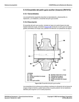Sistema de propulsión 4100XPB Manual de Mantención Mecánica
PH Mining Equipment – Comunicaciones técnicas Copyright © 2002 Harnischfeger Corporation
Sección 5, Versión 02 - 02/03 -5.76- 41XPB_MM_06.fm
5.12 Ensamble del polín guía auxiliar (trasero) (R41412)
5.12.1 Generalidades
Los procedimientos siguientes describen la desinstalación y desensamble, la
reparación, y la instalación y ensamble del polín guía auxiliar.
5.12.2 Descripción
El ensamble del polín guía auxiliar, montado en bajo en la parte trasera de cada
bastidor lateral de oruga, (consulte la Figura 5-36) consta de un polín guía con bujes y
golillas (arandelas) de empuje, eje y pasador de retención con pasadores de seguro.
Los ensambles de los polines guía auxiliares mantienen la alineación de los trenes de
orugas al dejar el terreno y pasar hacia arriba a la parte posterior de los bastidores
laterales para engranar con la rueda propulsora.
Figura 5-36: Ensamble del polín guía auxiliar
LEYENDA
01. Buje
02. Golilla (arandela) de empuje
03. Pasador
04. Buje
05. Polín guía auxiliar
06. Bastidor lateral de la oruga
07. Pasadores de seguro
08. Pasador de retención
09. Golilla (arandela) de empuje
10. Buje
 