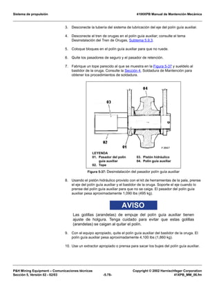 Sistema de propulsión 4100XPB Manual de Mantención Mecánica
PH Mining Equipment – Comunicaciones técnicas Copyright © 2002 Harnischfeger Corporation
Sección 5, Versión 02 - 02/03 -5.78- 41XPB_MM_06.fm
3. Desconecte la tubería del sistema de lubricación del eje del polín guía auxiliar.
4. Desconecte el tren de orugas en el polín guía auxiliar; consulte el tema
Desinstalación del Tren de Orugas, Subtema 5.9.3.
5. Coloque bloques en el polín guía auxiliar para que no ruede.
6. Quite los pasadores de seguro y el pasador de retención.
7. Fabrique un tope parecido al que se muestra en la Figura 5-37 y sueldelo al
bastidor de la oruga. Consulte la Sección 4, Soldadura de Mantención para
obtener los procedimientos de soldadura.
8. Usando el pistón hidráulico provisto con el kit de herramientas de la pala, prense
el eje del polín guía auxiliar y el bastidor de la oruga. Soporte el eje cuando lo
prense del polín guía auxiliar para que no se caiga. El pasador del polín guía
auxiliar pesa aproximadamente 1,090 lbs (495 kg).
AVISO
Las golillas (arandelas) de empuje del polín guía auxiliar tienen
ajuste de holgura. Tenga cuidado para evitar que estas golillas
(arandelas) se caigan al quitar el polín.
9. Con el equipo apropiado, quite el polín guía auxiliar del bastidor de la oruga. El
polín guía auxiliar pesa aproximadamente 4,100 lbs (1,860 kg).
10. Use un extractor apropiado o prensa para sacar los bujes del polín guía auxiliar.
Figura 5-37: Desinstalación del pasador polín guía auxiliar
LEYENDA
01. Pasador del polín
guía auxiliar
02. Tope
03. Pistón hidráulico
04. Polín guía auxiliar
 