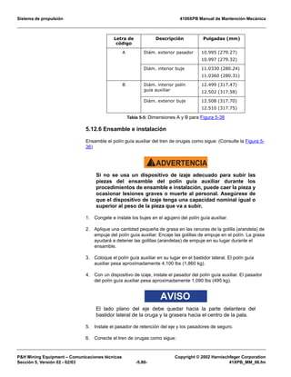 Sistema de propulsión 4100XPB Manual de Mantención Mecánica
PH Mining Equipment – Comunicaciones técnicas Copyright © 2002 Harnischfeger Corporation
Sección 5, Versión 02 - 02/03 -5.80- 41XPB_MM_06.fm
5.12.6 Ensamble e instalación
Ensamble el polín guía auxiliar del tren de orugas como sigue: (Consulte la Figura 5-
36)
ADVERTENCIA!
Si no se usa un dispositivo de izaje adecuado para subir las
piezas del ensamble del polín guía auxiliar durante los
procedimientos de ensamble e instalación, puede caer la pieza y
ocasionar lesiones graves o muerte al personal. Asegúrese de
que el dispositivo de izaje tenga una capacidad nominal igual o
superior al peso de la pieza que va a subir.
1. Congele e instale los bujes en el agujero del polín guía auxiliar.
2. Aplique una cantidad pequeña de grasa en las ranuras de la golilla (arandela) de
empuje del polín guía auxiliar. Encaje las golillas de empuje en el polín. La grasa
ayudará a detener las golillas (arandelas) de empuje en su lugar durante el
ensamble.
3. Coloque el polín guía auxiliar en su lugar en el bastidor lateral. El polín guía
auxiliar pesa aproximadamente 4,100 lbs (1,860 kg).
4. Con un dispositivo de izaje, instale el pasador del polín guía auxiliar. El pasador
del polín guía auxiliar pesa aproximadamente 1,090 lbs (495 kg).
AVISO
El lado plano del eje debe quedar hacia la parte delantera del
bastidor lateral de la oruga y la grasera hacia el centro de la pala.
5. Instale el pasador de retención del eje y los pasadores de seguro.
6. Conecte el tren de orugas como sigue:
Letra de
código
Descripción Pulgadas (mm)
A Diám. exterior pasador 10.995 (279.27)
10.997 (279.32)
Diám. interior buje 11.0330 (280.24)
11.0360 (280.31)
B Diám. interior polín
guía auxiliar
12.499 (317.47)
12.502 (317.58)
Diám. exterior buje 12.508 (317.70)
12.510 (317.75)
Tabla 5-5: Dimensiones A y B para Figura 5-38
 