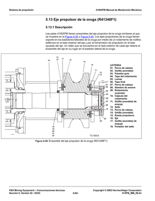 Sistema de propulsión 4100XPB Manual de Mantención Mecánica
PH Mining Equipment – Comunicaciones técnicas Copyright © 2002 Harnischfeger Corporation
Sección 5, Versión 02 - 02/03 -5.82- 41XPB_MM_06.fm
5.13 Eje propulsor de la oruga (R41348F1)
5.13.1 Descripción
Las palas 4100XPB tienen ensambles del eje propulsor de la oruga similares al que
se muestra en la Figura 5-39 y Figura 5-40. Los ejes propulsores de la oruga tienen
soporte en los bastidores laterales de la oruga por medio de un rodamiento de rodillos
esféricos en el lado exterior del eje y por la transmisión de propulsión en el lado
opuesto del eje. Un retén que se encuentra en el lado exterior de cada eje retiene el
ensamble del eje en su lugar en el bastidor lateral de la oruga.
Figura 5-39: Ensamble del eje propulsor de la oruga (R41348F1)
16
13
14 17
12
15
12
.011
.056 GAP( )
18
19
20
21
22
)(
1.69
1.49
GAP
TC1665A
11
13
14
01
02
06
04
08
07
09
10
03
05
LEYENDA
01. Perno de cabeza
02. Golilla (arandela)
03. Pasador guía
04. Tapa del rodamiento
05. Lainas
06. Tapa final
07. Perno de cabeza
08. Alambre de amarre
09. Rodamiento
(cojinete)
10. Cápsula del
rodamiento
11. Golilla (arandela) de
empuje
12. Sello
13. Perno de cabeza
14. Golilla (arandela)
15. Rueda propulsora
16. Eje
17. Golilla (arandela) de
empuje
18. Portador del sello
 