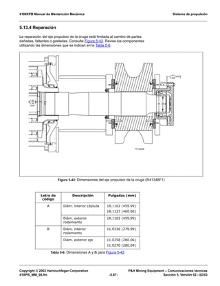 4100XPB Manual de Mantención Mecánica Sistema de propulsión
Copyright © 2002 Harnischfeger Corporation PH Mining Equipment – Comunicaciones técnicas
41XPB_MM_06.fm -5.87- Sección 5, Versión 02 - 02/03
5.13.4 Reparación
La reparación del eje propulsor de la oruga está limitada al cambio de partes
dañadas, faltantes o gastadas. Consulte Figura 5-42. Revise los componentes
utilizando las dimensiones que se indican en la Tabla 5-6.
Figura 5-42: Dimensiones del eje propulsor de la oruga (R41348F1)
Letra de
código
Descripción Pulgadas (mm)
A Diám. interior cápsula 18.1102 (459.99)
18.1127 (460.06)
Diám. exterior
rodamiento
18.1102 (459.99)
B Diám. interior
rodamiento
11.0236 (279.99)
Diám. exterior eje 11.0258 (280.06)
11.0270 (280.09)
Tabla 5-6: Dimensiones A y B para Figura 5-42
.011
.056
GAP( )
)(
1.69
1.49
GAP
TC1665B
A B
 