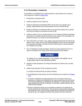 Sistema de propulsión 4100XPB Manual de Mantención Mecánica
PH Mining Equipment – Comunicaciones técnicas Copyright © 2002 Harnischfeger Corporation
Sección 5, Versión 02 - 02/03 -5.88- 41XPB_MM_06.fm
5.13.5 Ensamble e instalación
El ensamble y la instalación de la rueda propulsora y eje propulsor de la oruga es
como siguiente: consulte la Figura 5-40.
1. Precaliente el rodamiento (09).
2. Instale la cápsula (10) en el eje (16).
3. Instale el rodamiento precalentado (09) en el eje (16) y en el agujero de la
cápsula, asegurándose de que esté asentado contra el reborde del eje.
4. Instale el retenedor de rodamiento (06) con los pernos de cabeza (07) y apriete
los pernos de cabeza con alambre de amarre (08).
5. Instale los sellos (12) en la rueda propulsora (15) e instale las golillas (arandelas)
de empuje en el bastidor lateral con los pernos de cabeza (13) y las golillas (14).
Apriete los pernos a un toque de 150 lbs-pie (204 Nm).
6. Para evitar daño a los sellos v-ring, aplique grasa generosamente al borde de los
sellos v-rings. Luego, use una hoja metálica delgada contra la cara de cada golilla
de empuje para proteger los bordes del sello mientras guía la rueda propulsora
en el bastidor de la oruga.
7. Con un dispositivo de izaje apropiado, coloque la rueda propulsora (15) en su
lugar en el bastidor de la oruga. Quite las dos piezas de hoja metálica.
AVISO
El orificio de la rueda propulsora y los orificios del bastidor de la
oruga deben estar lo más alineados posible.
8. Soporte la rueda propulsora con bloques adecuados de manera que no pueda
moverse.
9. Instale el eje propulsor (16) de la siguiente manera:
A. Lubrique las estrías del eje con grasa multiusos.
B. Contrabalancee el eje usando uno de los métodos que se muestra en la Figura
5-41.
C. Conecte un dispositivo de izaje adecuado como se muestra. Suba el eje
propulsor a su lugar junto al bastidor de la oruga y alinee el eje con los orificios
de la rueda propulsora y la transmisión de propulsión. Un eje propulsor pesa
aproximadamente 4,550 lbs (2,065 kg). El ensamble completo pesará más del
doble de esta cantidad.
D. Revise la alineación del eje con el receptáculo estriado en el segmento de
tercera reducción de la transmisión. Si es necesario, desconecte el espaciador
del coplón del motor y gire el eje de entrada de la transmisión para alinear las
estrías del eje y el receptáculo estriado del portador de tercera reducción.
 