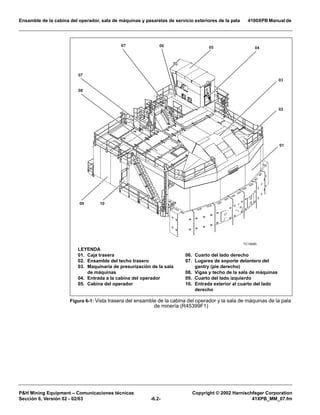 Ensamble de la cabina del operador, sala de máquinas y pasarelas de servicio exteriores de la pala 4100XPB Manual de
PH Mining Equipment – Comunicaciones técnicas Copyright © 2002 Harnischfeger Corporation
Sección 6, Versión 02 - 02/03 -6.2- 41XPB_MM_07.fm
Figura 6-1: Vista trasera del ensamble de la cabina del operador y la sala de máquinas de la pala
de minería (R45399F1)
TC1668b
01
02
03
04050607
07
08
09 10
LEYENDA
01. Caja trasera
02. Ensamble del techo trasero
03. Maquinaria de presurización de la sala
de máquinas
04. Entrada a la cabina del operador
05. Cabina del operador
06. Cuarto del lado derecho
07. Lugares de soporte delantero del
gantry (pie derecho)
08. Vigas y techo de la sala de máquinas
09. Cuarto del lado izquierdo
10. Entrada exterior al cuarto del lado
derecho
 