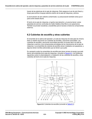 Ensamble de la cabina del operador, sala de máquinas y pasarelas de servicio exteriores de la pala 4100XPB Manual de
PH Mining Equipment – Comunicaciones técnicas Copyright © 2002 Harnischfeger Corporation
Sección 6, Versión 02 - 02/03 -6.4- 41XPB_MM_07.fm
través de las aberturas de la sala de máquinas. Esto asegura el uso de aire fresco y
limpio para enfriar el equipo eléctrico dentro de la sala de máquinas y elimina
la recirculación de aire caliente contaminado. La presurización también evita que el
polvo entre desde afuera.
El techo de la sala de máquinas, el gantry (pie derecho), y la pluma tienen varias
pasarelas de servicio contruidas de malla metálica Grip Strut y con pasamanos.
También se proveen escaleras y escalerillas para el acceso a todos los componentes
externos.
6.2 Cubiertas de escotilla y otras cubiertas
El ensamble de la cabina del operador y la sala de máquinas de esta pala de minería
tiene un diseño seccional con cubiertas de escotilla y secciones removibles. Las
cubiertas de escotilla y secciones removibles permiten el acceso fácil a la sala de
máquinas y servicio a los componentes principales de los mecanismos de la sala de
máquinas. Los ensambles de cubierta de escotilla vienen instalados con pasadores, y
algunos tienen tornillos adicionales que se tienen que quitar.
Es necesario quitar los ensambles de escotilla para tener acceso al equipo que está
dentro del ensamble de la sala de máquinas, consulte la Figura 6-3. Los Subtemas
siguientes cubren la desinstalación e instalación de las cubiertas de escotilla y otras
cubiertas del techo de la sala de máquinas.
Figura 6-3: Cubiertas de escotilla (consulte la Tabla 6-1)
'  '  !    $
%

#


%

#


#
!

-5 # =
 
