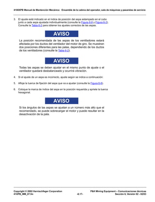 4100XPB Manual de Mantención Mecánica Ensamble de la cabina del operador, sala de máquinas y pasarelas de servicio
Copyright © 2002 Harnischfeger Corporation PH Mining Equipment – Comunicaciones técnicas
41XPB_MM_07.fm -6.17- Sección 6, Versión 02 - 02/03
3. El ajuste está indicado en el índice de posición del aspa estampado en el cubo
junto a cada aspa ajustada individualmente (consulte la Figura 6-8 y Figura 6-2).
Consulte la Tabla 6-2 para obtener los ajustes correctos de las aspas.
AVISO
La posición recomendada de las aspas de los ventiladores estará
afectada por los ductos del ventilador del motor de giro. Se muestran
dos posiciones diferentes para las palas, dependiendo de los ductos
de los ventiladores (consulte la Tabla 6-2).
AVISO
Todas las aspas se deben ajustar en el mismo punto de ajuste o el
ventilador quedará desbalanceado y ocurrirá vibración.
4. Si el ajuste de un aspa es incorrecto, ajuste según se indica a continuación:
5. Afloje la tuerca de fijación del aspa que va a ajustar (consulte la Figura 6-8).
6. Coloque la marca de índice del aspa en la posición requerida y apriete la tuerca
hexagonal.
AVISO
Si los ángulos de las aspas se ajustan a un número más alto que el
recomendado, se puede sobrecargar el motor y puede resultar en la
desactivación de la pala.
 