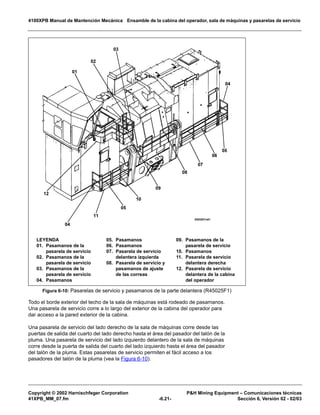 4100XPB Manual de Mantención Mecánica Ensamble de la cabina del operador, sala de máquinas y pasarelas de servicio
Copyright © 2002 Harnischfeger Corporation PH Mining Equipment – Comunicaciones técnicas
41XPB_MM_07.fm -6.21- Sección 6, Versión 02 - 02/03
Todo el borde exterior del techo de la sala de máquinas está rodeado de pasamanos.
Una pasarela de servicio corre a lo largo del exterior de la cabina del operador para
dar acceso a la pared exterior de la cabina.
Una pasarela de servicio del lado derecho de la sala de máquinas corre desde las
puertas de salida del cuarto del lado derecho hasta el área del pasador del talón de la
pluma. Una pasarela de servicio del lado izquierdo delantero de la sala de máquinas
corre desde la puerta de salida del cuarto del lado izquierdo hasta el área del pasador
del talón de la pluma. Estas pasarelas de servicio permiten el fácil acceso a los
pasadores del talón de la pluma (vea la Figura 6-10).
Figura 6-10: Pasarelas de servicio y pasamanos de la parte delantera (R45025F1)
LEYENDA
01. Pasamanos de la
pasarela de servicio
02. Pasamanos de la
pasarela de servicio
03. Pasamanos de la
pasarela de servicio
04. Pasamanos
05. Pasamanos
06. Pasamanos
07. Pasarela de servicio
delantera izquierda
08. Pasarela de servicio y
pasamanos de ajuste
de las correas
09. Pasamanos de la
pasarela de servicio
10. Pasamanos
11. Pasarela de servicio
delantera derecha
12. Pasarela de servicio
delantera de la cabina
del operador
 