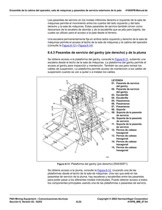 Ensamble de la cabina del operador, sala de máquinas y pasarelas de servicio exteriores de la pala 4100XPB Manual de
PH Mining Equipment – Comunicaciones técnicas Copyright © 2002 Harnischfeger Corporation
Sección 6, Versión 02 - 02/03 -6.22- 41XPB_MM_07.fm
Las pasarelas de servicio en los niveles inferiores derecho e izquierdo de la sala de
máquinas permite el movimiento entre los cuartos del lado izquierdo y del lado
derecho y la sala de máquinas. Estas pasarelas de servicio también sirven como
descansos de la escalera de abordar y de la escalerilla que se jala para bajarla, las
cuales se utilizan para el acceso a la pala desde el terreno.
Una escalera permanentemente fija en ambos lados izquierdo y derecho de la sala de
máquinas permite el acceso al techo de la sala de máquinas y la cabina del operador
(consulte la Figura 6-13 y Figura 6-14).
6.4.3 Pasarelas de servicio del gantry (pie derecho) y de la pluma
Se obtiene acceso a la plataforma del gantry, consulte la Figura 6-11, subiendo una
escalera desde el techo de la sala de máquinas. La plataforma del gantry permite el
acceso al gantry para inspección y mantención. También se usa para revisar los
cables de suspensión. La plataforma permite acceso de mantención a los cables de
suspensión cuando se van a quitar o a instalar los cables.
Se obtiene acceso a la pluma, consulte la Figura 6-12, cruzando una de las
plataformas desde el techo de la sala de máquinas. Una vez que esté en las
pasarelas de servicio de la pluma, hay escaleras y escalerillas entre las pasarelas
para poder pasar a los diferentes niveles individuales. Puede obtener acceso a todos
los componentes principales usando una de las plataformas o pasarelas de servicio.
Figura 6-11: Plataforma del gantry (pie derecho) (R44350F1)
LEYENDA
01. Pasarela de servicio
del gantry
02. Pasarela de servicio
del gantry
03. Escalerilla
04. Escalerilla
05. Pasamanos
06. Pasamanos
07. Pasamanos
08. Soporte
09. Soporte de la pasarela
de servicio
10. Soporte de la pasarela
de servicio
11. Soporte de la pasarela
de servicio
12. Pernos de cabeza
hexagonal
13. Pernos de cabeza
hexagonal
14. Pernos de cabeza
hexagonal
15. Pernos de cabeza
hexagonal
 