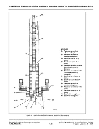 4100XPB Manual de Mantención Mecánica Ensamble de la cabina del operador, sala de máquinas y pasarelas de servicio
Copyright © 2002 Harnischfeger Corporation PH Mining Equipment – Comunicaciones técnicas
41XPB_MM_07.fm -6.23- Sección 6, Versión 02 - 02/03
Figura 6-12: Módulo de plataformas de la pluma (R44880F1)
LEYENDA
01. Pasarela de servicio
inferior de la pluma
02. Pasarela de servicio
inferior de la pluma
03. Escalera inferior de la
pluma
04. Escalera inferior de la
pluma
05. Pasarela de servicio de la
corredera (montura)
derecha
06. Pasarela de servicio de la
corredera (montura)
izquierda
07. Escalera derecha de la
pluma
08. Escalera izquierda de la
pluma
09. Pasarela de servicio
inferior de la pluma
10. Pasarela de servicio de la
pluma
11. Escalera superior de la
pluma
12. Escalerilla de la pluma
13. Escalera de la pluma
 