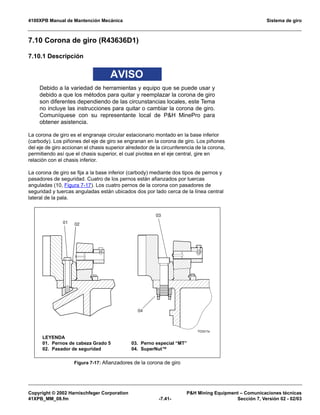 4100XPB Manual de Mantención Mecánica Sistema de giro
Copyright © 2002 Harnischfeger Corporation PH Mining Equipment – Comunicaciones técnicas
41XPB_MM_08.fm -7.41- Sección 7, Versión 02 - 02/03
7.10 Corona de giro (R43636D1)
7.10.1 Descripción
AVISO
Debido a la variedad de herramientas y equipo que se puede usar y
debido a que los métodos para quitar y reemplazar la corona de giro
son diferentes dependiendo de las circunstancias locales, este Tema
no incluye las instrucciones para quitar o cambiar la corona de giro.
Comuníquese con su representante local de PH MinePro para
obtener asistencia.
La corona de giro es el engranaje circular estacionario montado en la base inferior
(carbody). Los piñones del eje de giro se engranan en la corona de giro. Los piñones
del eje de giro accionan el chasis superior alrededor de la circunferencia de la corona,
permitiendo así que el chasis superior, el cual pivotea en el eje central, gire en
relación con el chasis inferior.
La corona de giro se fija a la base inferior (carbody) mediante dos tipos de pernos y
pasadores de seguridad. Cuatro de los pernos están afianzados por tuercas
anguladas (10, Figura 7-17). Los cuatro pernos de la corona con pasadores de
seguridad y tuercas anguladas están ubicados dos por lado cerca de la línea central
lateral de la pala.
Figura 7-17: Afianzadores de la corona de giro
TC0317a
0201
04
03
LEYENDA
01. Pernos de cabeza Grado 5
02. Pasador de seguridad
03. Perno especial “MT”
04. SuperNut™
 