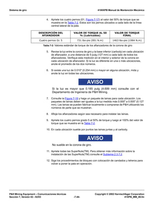 Sistema de giro 4100XPB Manual de Mantención Mecánica
PH Mining Equipment – Comunicaciones técnicas Copyright © 2002 Harnischfeger Corporation
Sección 7, Versión 02 - 02/03 -7.44- 41XPB_MM_08.fm
4. Apriete los cuatro pernos (01, Figura 7-17) al valor del 50% de torque que se
muestra en la Tabla 7-2. Estos son los pernos ubicados a cada lado de la línea
central lateral de la pala.
5. Revise la luz entre la corona de giro y la base inferior (carbody) en cada ubicación
de afianzador, a una distancia de 5 pulg (127 mm) a cada lado de todos los
afianzadores. Verifique esta medición en el interior y exterior de la corona en
cada ubicación de afianzador. Si la luz es diferente en una o más ubicaciones,
anote el promedio de los dos números.
6. Si existe una luz de 0.010 (0.254 mm) o mayor en alguna ubicación, mida y
anote la luz en todas las ubicaciones.
AVISO
Si la luz es mayor que 0.185 pulg (4.699 mm) consulte con el
Departamento de Ingeniería de PH Mining.
7. Consulte la Figura 7-18 y haga un paquete de lainas para cada ubicación. Los
paquetes de lainas deben ser iguales a la luz medida más 0.000 a 0.005 (0.127
mm). Las lainas se pueden fabricar localmente o comprarse de PH utilizando los
números de parte que se muestran.
8. Afloje los afianzadores según sea necesario para instalar las lainas.
9. Apriete los cuatro pernos grado 5 al 50% de torque y luego al 100% del valor de
torque que se muestra en la Tabla 7-2.
10. En cada ubicación suelde por puntos las lainas juntas y al carbody.
AVISO
No suelde en la corona de giro.
11. Apriete todas las SuperNuts(TM). Para obtener más información sobre la
instalación de las SuperNuts(TM) consulte el Subtema 2.3.7.2.
12. Siga los procedimientos de bloqueo con colocación de candados y letreros para
volver a poner la pala en operación.
DESCRIPCIÓN DEL
AFIANZADOR
VALOR DE TORQUE AL 50
% (Lubricados)
VALOR DE TORQUE
FINAL
Cuatro pernos Gr. 5 731 lbs-pie (991 N.m) 1463 lbs-pie (1984 N.m)
Tabla 7-2: Valores estándar de torque de los afianzadores de la corona de giro
 