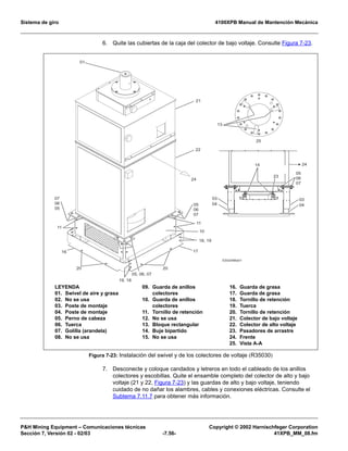 Sistema de giro 4100XPB Manual de Mantención Mecánica
PH Mining Equipment – Comunicaciones técnicas Copyright © 2002 Harnischfeger Corporation
Sección 7, Versión 02 - 02/03 -7.56- 41XPB_MM_08.fm
6. Quite las cubiertas de la caja del colector de bajo voltaje. Consulte Figura 7-23.
7. Desconecte y coloque candados y letreros en todo el cableado de los anillos
colectores y escobillas. Quite el ensamble completo del colector de alto y bajo
voltaje (21 y 22, Figura 7-23) y las guardas de alto y bajo voltaje, teniendo
cuidado de no dañar los alambres, cables y conexiones eléctricas. Consulte el
Subtema 7.11.7 para obtener más información.
Figura 7-23: Instalación del swivel y de los colectores de voltaje (R35030)
22
21
23
05
06
07
03
04
03
04
25
13
05
06
07
14
20
19, 18
05, 06, 07
20
07
06
05
18, 19
11
17
10
01
A A
24
24
11
16
ES02488a01
LEYENDA
01. Swivel de aire y grasa
02. No se usa
03. Poste de montaje
04. Poste de montaje
05. Perno de cabeza
06. Tuerca
07. Golilla (arandela)
08. No se usa
09. Guarda de anillos
colectores
10. Guarda de anillos
colectores
11. Tornillo de retención
12. No se usa
13. Bloque rectangular
14. Buje bipartido
15. No se usa
16. Guarda de grasa
17. Guarda de grasa
18. Tornillo de retención
19. Tuerca
20. Tornillo de retención
21. Colector de bajo voltaje
22. Colector de alto voltaje
23. Pasadores de arrastre
24. Frente
25. Vista A-A
 