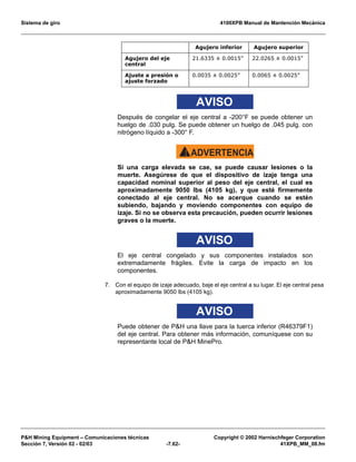 Sistema de giro 4100XPB Manual de Mantención Mecánica
PH Mining Equipment – Comunicaciones técnicas Copyright © 2002 Harnischfeger Corporation
Sección 7, Versión 02 - 02/03 -7.62- 41XPB_MM_08.fm
AVISO
Después de congelar el eje central a -200°F se puede obtener un
huelgo de .030 pulg. Se puede obtener un huelgo de .045 pulg. con
nitrógeno líquido a -300° F.
ADVERTENCIA!
Si una carga elevada se cae, se puede causar lesiones o la
muerte. Asegúrese de que el dispositivo de izaje tenga una
capacidad nominal superior al peso del eje central, el cual es
aproximadamente 9050 lbs (4105 kg), y que esté firmemente
conectado al eje central. No se acerque cuando se estén
subiendo, bajando y moviendo componentes con equipo de
izaje. Si no se observa esta precaución, pueden ocurrir lesiones
graves o la muerte.
AVISO
El eje central congelado y sus componentes instalados son
extremadamente frágiles. Evite la carga de impacto en los
componentes.
7. Con el equipo de izaje adecuado, baje el eje central a su lugar. El eje central pesa
aproximadamente 9050 lbs (4105 kg).
AVISO
Puede obtener de PH una llave para la tuerca inferior (R46379F1)
del eje central. Para obtener más información, comuníquese con su
representante local de PH MinePro.
Agujero del eje
central
21.6335 ± 0.0015” 22.0265 ± 0.0015”
Ajuste a presión o
ajuste forzado
0.0035 ± 0.0025” 0.0065 ± 0.0025”
Agujero inferior Agujero superior
 