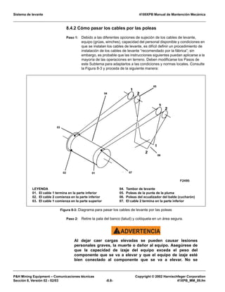 Sistema de levante 4100XPB Manual de Mantención Mecánica
PH Mining Equipment – Comunicaciones técnicas Copyright © 2002 Harnischfeger Corporation
Sección 8, Versión 02 - 02/03 -8.8- 41XPB_MM_09.fm
8.4.2 Cómo pasar los cables por las poleas
Paso 1: Debido a las diferentes opciones de sujeción de los cables de levante,
equipo (grúas, winches), capacidad del personal disponible y condiciones en
que se instalan los cables de levante, es difícil definir un procedimiento de
instalación de los cables de levante “recomendado por la fábrica”; sin
embargo, es probable que las instrucciones siguientes puedan aplicarse a la
mayoría de las operaciones en terreno. Deben modificarse los Pasos de
este Subtema para adaptarlos a las condiciones y normas locales. Consulte
la Figura 8-3 y proceda de la siguiente manera:
Paso 2: Retire la pala del banco (talud) y colóquela en un área segura.
ADVERTENCIA!
Al dejar caer cargas elevadas se pueden causar lesiones
personales graves, la muerte o dañor al equipo. Asegúrese de
que la capacidad de izaje del equipo exceda el peso del
componente que se va a elevar y que el equipo de izaje esté
bien conectado al componente que se va a elevar. No se
Figura 8-3: Diagrama para pasar los cables de levante por las poleas
LEYENDA
01. El cable 1 termina en la parte inferior
02. El cable 2 comienza en la parte inferior
03. El cable 1 comienza en la parte superior
04. Tambor de levante
05. Poleas de la punta de la pluma
06. Poleas del ecualizador del balde (cucharón)
07. El cable 2 termina en la parte inferior
 