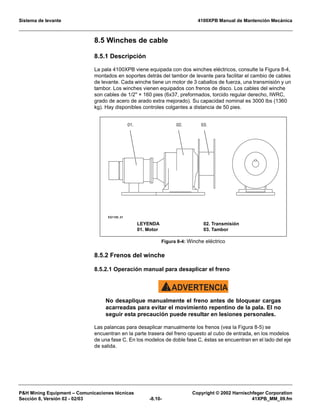 Sistema de levante 4100XPB Manual de Mantención Mecánica
PH Mining Equipment – Comunicaciones técnicas Copyright © 2002 Harnischfeger Corporation
Sección 8, Versión 02 - 02/03 -8.10- 41XPB_MM_09.fm
8.5 Winches de cable
8.5.1 Descripción
La pala 4100XPB viene equipada con dos winches eléctricos, consulte la Figura 8-4,
montados en soportes detrás del tambor de levante para facilitar el cambio de cables
de levante. Cada winche tiene un motor de 3 caballos de fuerza, una transmisión y un
tambor. Los winches vienen equipados con frenos de disco. Los cables del winche
son cables de 1/2 × 160 pies (6x37, preformados, torcido regular derecho, IWRC,
grado de acero de arado extra mejorado). Su capacidad nominal es 3000 lbs (1360
kg). Hay disponibles controles colgantes a distancia de 50 pies.
8.5.2 Frenos del winche
8.5.2.1 Operación manual para desaplicar el freno
ADVERTENCIA!
No desaplique manualmente el freno antes de bloquear cargas
acarreadas para evitar el movimiento repentino de la pala. El no
seguir esta precaución puede resultar en lesiones personales.
Las palancas para desaplicar manualmente los frenos (vea la Figura 8-5) se
encuentran en la parte trasera del freno opuesto al cubo de entrada, en los modelos
de una fase C. En los modelos de doble fase C, éstas se encuentran en el lado del eje
de salida.
Figura 8-4: Winche eléctrico
ES1189_01
01. 02. 03.
LEYENDA
01. Motor
02. Transmisión
03. Tambor
 