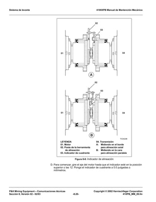 Sistema de levante 4100XPB Manual de Mantención Mecánica
PH Mining Equipment – Comunicaciones técnicas Copyright © 2002 Harnischfeger Corporation
Sección 8, Versión 02 - 02/03 -8.20- 41XPB_MM_09.fm
D. Para comenzar, gire el eje del motor hasta que el indicador esté en la posición
superior o las 12. Ponga el indicador de cuadrante a 0.0 pulgadas o
milímetros.
Figura 8-8: Indicador de alineación
TC0422B
01
02
03
02
03
01
04
04
A
B
LEYENDA
01. Motor
02. Poste de la herramienta
de alineación
03. Indicador de cuadrante
04. Transmisión
A: Midiendo en el borde
para alineación axial
B: Midiendo en la cara
para alineación paralela
 