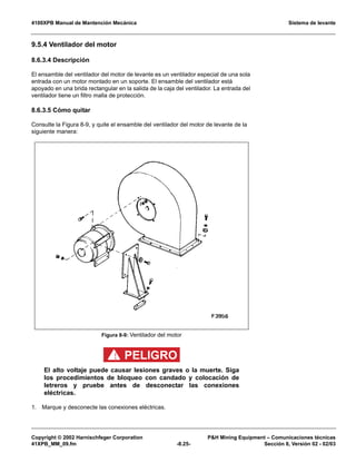 4100XPB Manual de Mantención Mecánica Sistema de levante
Copyright © 2002 Harnischfeger Corporation PH Mining Equipment – Comunicaciones técnicas
41XPB_MM_09.fm -8.25- Sección 8, Versión 02 - 02/03
9.5.4 Ventilador del motor
8.6.3.4 Descripción
El ensamble del ventilador del motor de levante es un ventilador especial de una sola
entrada con un motor montado en un soporte. El ensamble del ventilador está
apoyado en una brida rectangular en la salida de la caja del ventilador. La entrada del
ventilador tiene un filtro malla de protección.
8.6.3.5 Cómo quitar
Consulte la Figura 8-9, y quite el ensamble del ventilador del motor de levante de la
siguiente manera:
PELIGRO!
El alto voltaje puede causar lesiones graves o la muerte. Siga
los procedimientos de bloqueo con candado y colocación de
letreros y pruebe antes de desconectar las conexiones
eléctricas.
1. Marque y desconecte las conexiones eléctricas.
Figura 8-9: Ventilador del motor
 