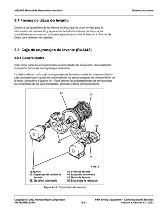 4100XPB Manual de Mantención Mecánica Sistema de levante
Copyright © 2002 Harnischfeger Corporation PH Mining Equipment – Comunicaciones técnicas
41XPB_MM_09.fm -8.27- Sección 8, Versión 02 - 02/03
8.7 Frenos de disco de levante
Debido a las igualdades de los frenos de disco que se usan en esta pala, la
información de mantención y reparación de todos los frenos de disco se ha
consolidado en una sección completa separada (consulte la Sección 4, Frenos de
Disco para obtener más detalles).
8.8 Caja de engranajes de levante (R43448)
8.8.1 Generalidades
Este Tema cubre los procedimientos recomendados de inspección, desinstalación,
reparación de la caja de engranajes de levante.
La desinstalación de la caja de engranajes de levante consiste en desensamblar la
caja de engranajes y quitar los ensambles de los ejes principales de la transmisión de
levante (consulte la Figura 8-10). Para obtener los procedimientos de servicio para
los ensambles de los ejes principales, consulte el tema correspondiente.
Figura 8-10: Transmisión de levante
LEYENDA
01. Engranaje del tambor de
levante
02. Eje piñón intermedio
03. Freno de levante
04. Eje piñón de entrada
05. Motor de levante
06. Engranaje 1a reducción
 
