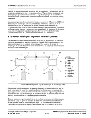 4100XPB Manual de Mantención Mecánica Sistema de levante
Copyright © 2002 Harnischfeger Corporation PH Mining Equipment – Comunicaciones técnicas
41XPB_MM_09.fm -8.29- Sección 8, Versión 02 - 02/03
La brida de acoplamiento de la tapa de la caja de engranajes y la base de la caja de
engranajes, utilizan un o-ring y compuesto sellador RTV de silicona para que la caja
de engranajes quede hermética al aceite. La caja de engranajes de levante lleva
sellos de reborde para sellar los diferentes ensambles de ejes, incluyendo el tambor
de levante.
La caja de engranajes de levante contiene aproximadamente 165 galones (625 litros)
de aceite para engranajes para la lubricación por inmersión y salpicadura de la
transmisión. La caja de engranajes de levante también tiene un sistema de
circulación de aceite externo, que bombea aceite de la caja de engranajes a través de
un filtro y regresa el aceite a la caja de engranajes a través de los puntos de descarga
ubicados en la tapa de la caja de engranajes. Para el servicio del Sistema de
Lubricación del Piñón de Levante consulte la Sección 9, “Lubricación”.
8.8.3 Montaje de la caja de engranajes de levante (R42283)
La caja de engranajes de levante se monta en el piso de la plataforma de máquinas
mediante dos pasadores grandes (consulte la Figura 8-12). Para los pasadores hay
bujes en los agujeros de oreja del tornamesa y en los agujeros de la caja de
engranajes de levante. Los retenedores van soldados a las orejas del tornamesa para
evitar que los bujes se salgan.
Debajo de la caja de engranajes de levante, hay cuatro tornillos niveladores, uno en
cada esquina donde pasan los pasadores. Estos tornillos se usan para apretar los
bujes y pasadores, para evitar el movimiento entre la caja de engranajes y el piso. Si
se permite que la caja de engranajes de levante se mueva en relación con el piso, se
afectará la alineación de los coplones (coples) de levante.
Cuando la caja de engranajes de levante se monta al tornamesa, se instalan los dos
pasadores, luego se giran las cabezas de los cuatro tornillos niveladores hasta un
ajuste apretado entre los pasadores y los bujes. Los tornillos niveladores tienen
contratuercas que se deben apretar para asegurar que los tornillos no se aflojarán.
Figura 8-12: Montaje de la caja de engranajes de levante (R43448)
ES0759B_01
01
02
03
04
05
06 07
08
09
04
05
06
LEYENDA
01. Pasador de
retención
02. Buje
03. Oreja
04. Buje
05. Perno de
ajuste
06. Retenedor
de buje
07. Retenedor
de buje
08. Pasador
 